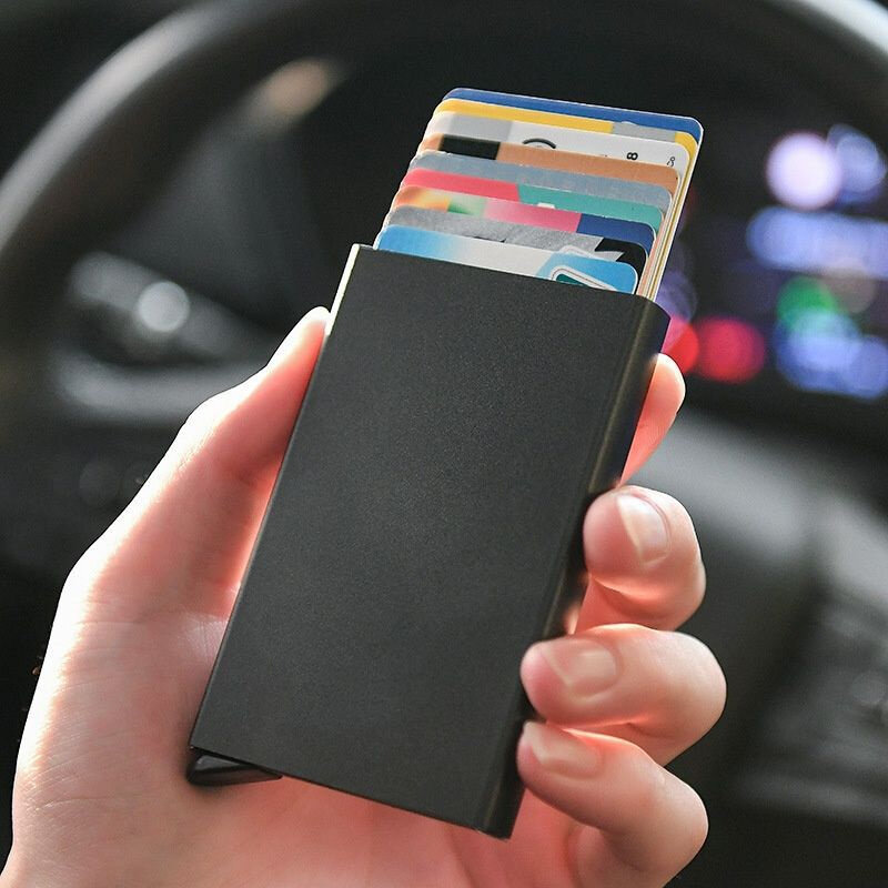 Tarjetero delgado de aleación de aluminio para hombre, funda de tarjeta de visita Pop-Up automática cuadrada, multicapa RFID, cubierta de tarjeta de crédito
