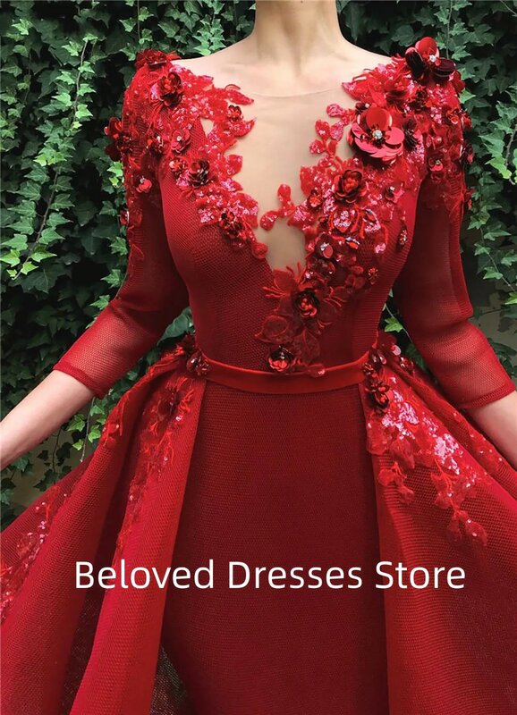 2024 New Sexy and Stylish Slim Fit Ball Beaded Lace Tulle Long sleeved Evening Party Formal Party Dress Red A-Line Women's Dress