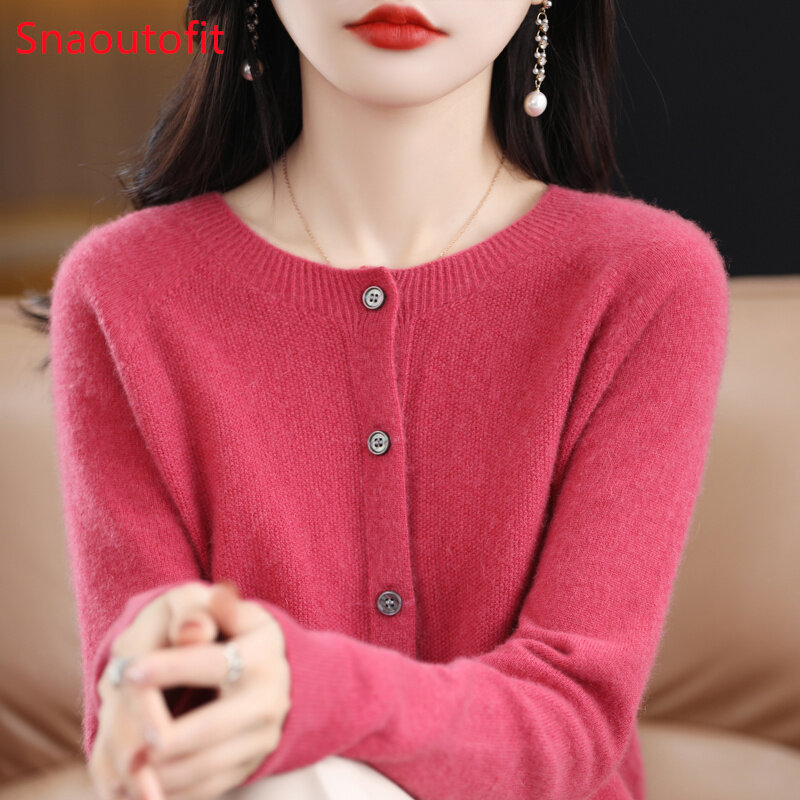 Cardigã feminino de malha com gola redonda, suéter de cashmere, monocromático, solto, top grande, primavera e outono, agulha Osmanthus