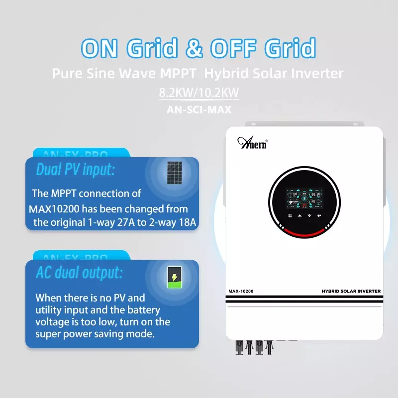 Inversor solar híbrido para carregador de bateria, dentro e fora da grade, MPPT duplo, onda senoidal pura, DC 48V, 10.2kW, 8200W, 10200W, 160A, 230V