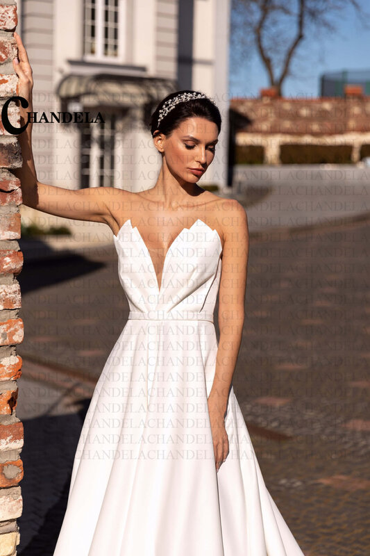 CHANDELA-Sweetheart cetim vestidos de casamento para mulheres, simples A-Line, fenda, sem costas, sem mangas, zíper, Custom Made