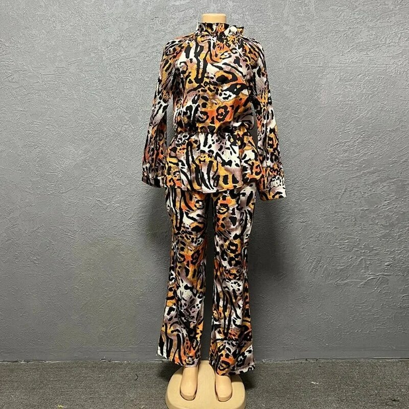 African Clothes for Women 2 Piece Spring African Long Sleeve Leopard Print Top Long Pant Matching Sets Dashiki Africa Clothing