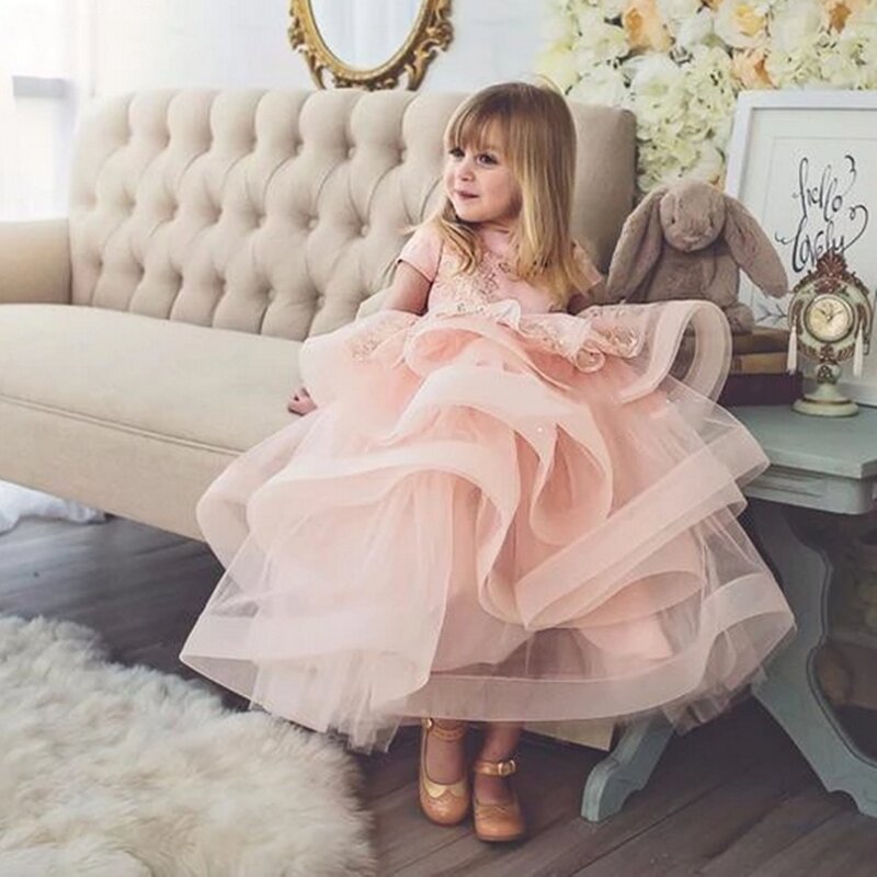 Adorabile vestito da ragazza di fiori rosa chiaro per matrimonio Tulle Applique soffice fiocco a strati primo vestito da festa di compleanno eucaristico per bambini