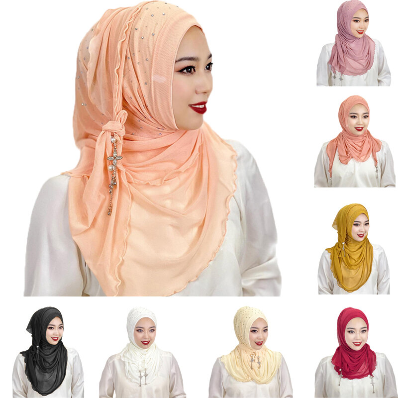 Muslim Sport Hijab Pure Color Turban Hair Accessories Muslim Women Hijabs with Diamonds Arabic Soft Headscarf Islam Muslim Hijab