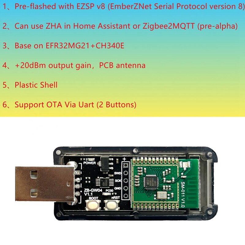 Mini Open Source Hub Gateway, Zigbee 3.0 Labs, Dongle USB, Módulo Chip de Silício, Universal ZHA NCP Home Assistant, EFR32MG21, 1 Pc