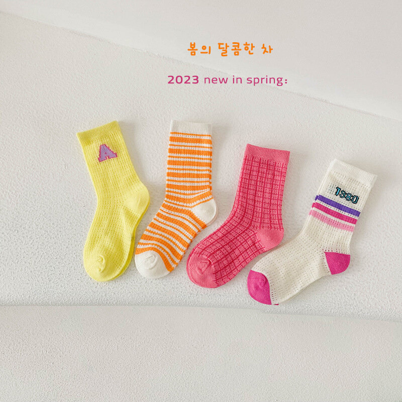 4 Pairs Summer Socks Boys Girls Thin Mesh Socks Cotton Socks Spring Mid Calf Length Children Spring Cool Socks