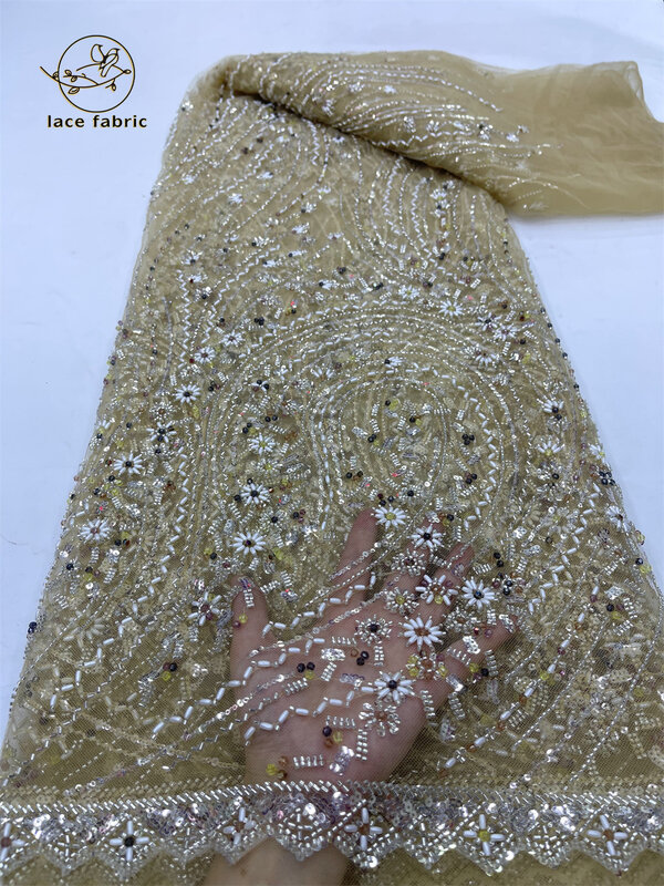 Tecido de renda frisada 3D para vestido de festa de casamento bordado francês lantejoulas nigerianas africanas, moda de alta qualidade 2024