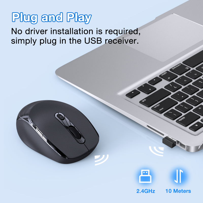 ماوس لاسلكي صامت للغاية ، USB بلوتوث ، توافق واسع ، تشغيل ومقبس 10 أمتار ، 1Hora ، GHz