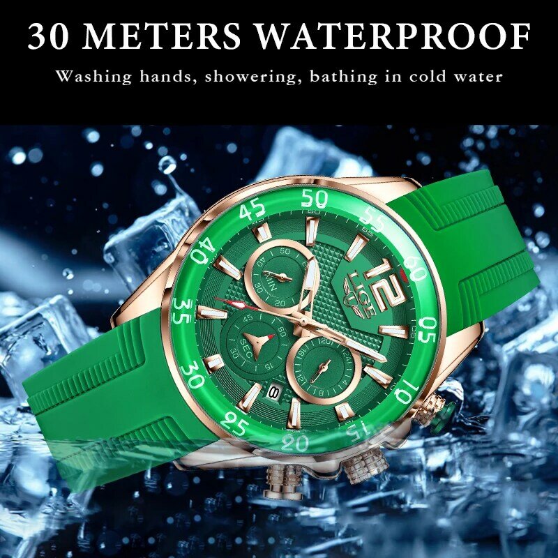 Часы наручные LIGE Мужские кварцевые, модные брендовые Роскошные спортивные водонепроницаемые с силиконовым ремешком