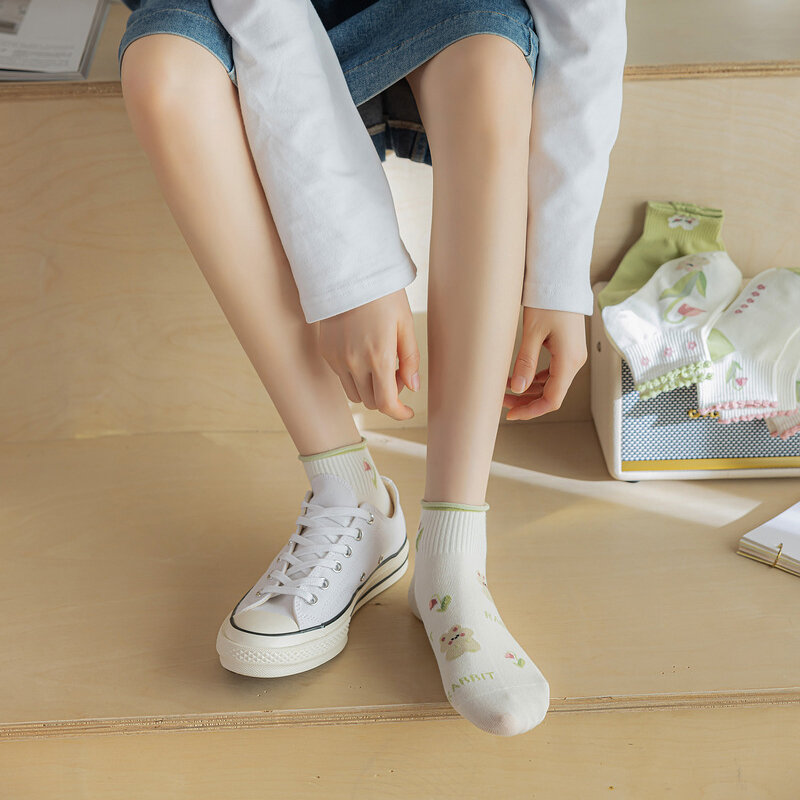 Милые Мультяшные милые женские корейские модные низкие тапочки в стиле Харадзюку японские хлопковые короткие носки до щиколотки с оборками