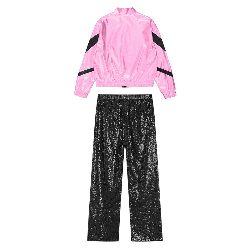 Girls Fashion Street Dance Outfit Sport 2pcs Shiny Jacket And Sequins Long Pants Set Children Festival Stage Performance Costume