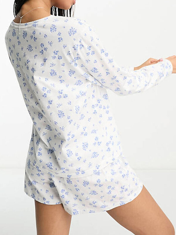 Women s Flower Printed Pajamas Set Casual Long Sleeve Tops with Lounge Shorts Two Piece Sleepwear