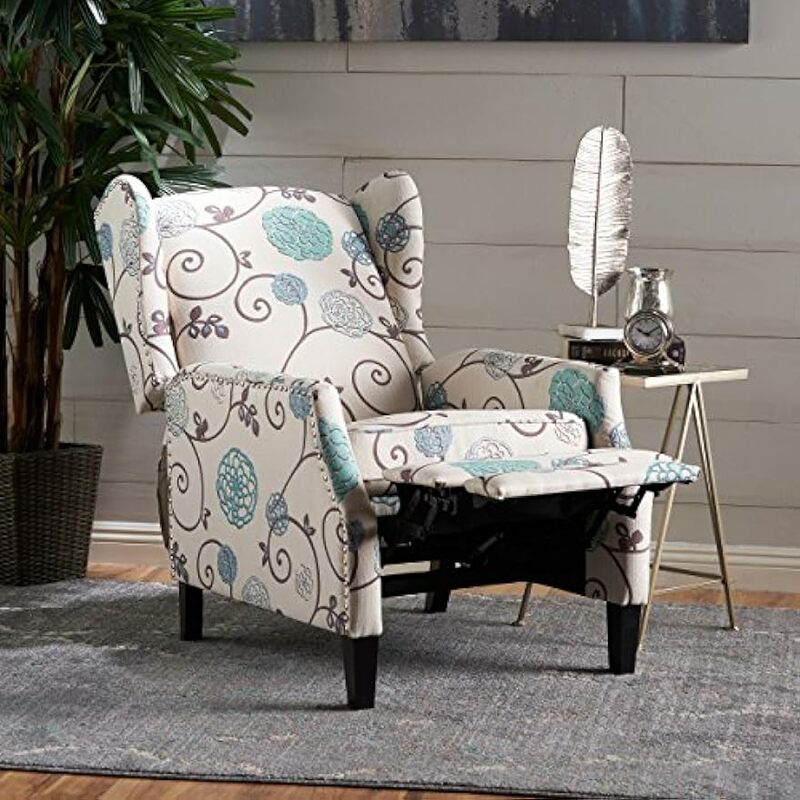 Christopher Knight-Cadeira reclinável tradicional Wingback Tecido, Home GDFStudio, Frankos, Floral branco e azul
