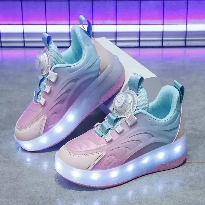 Boys Girls Kids USB Rechargeable Luminous Casual Sneakers LED Light Wheel Outdoor Parkour Roller Skates Sport