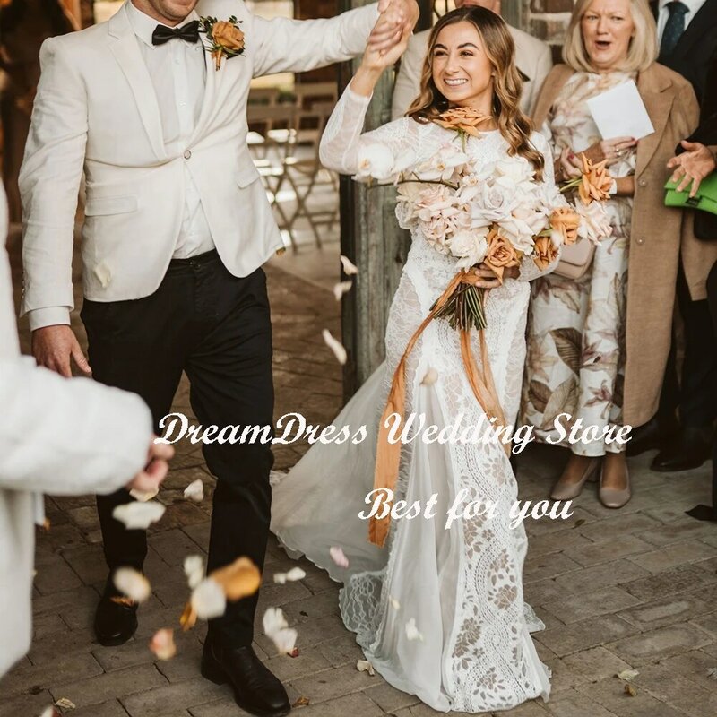 Женское кружевное платье-футляр DREAM, винтажное свадебное платье с круглым вырезом и длинными рукавами, богемное платье с открытой спиной, 2019