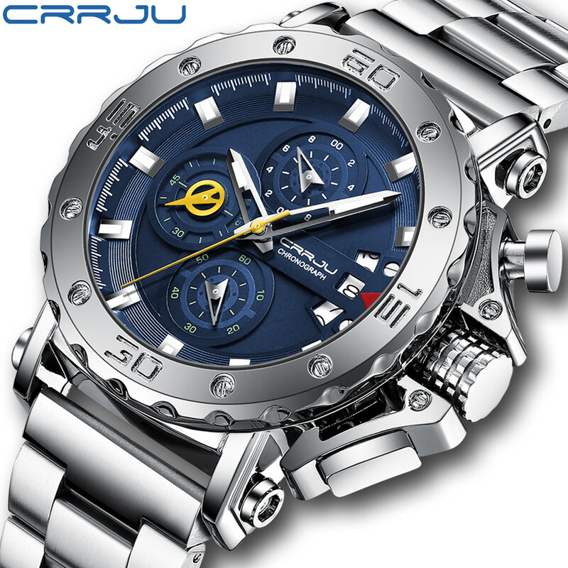 CRRJU Watch for Men Fashion Sports Stainless Steel Large Dial Chronograph Automatic Date Quartz Waterproof Wristwatches
