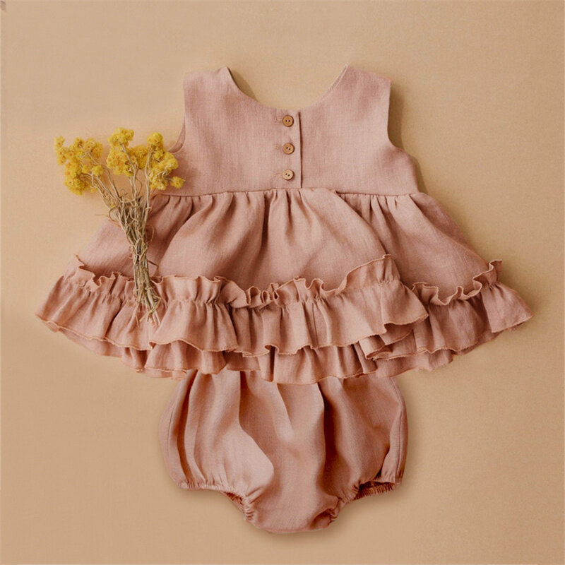 Ropa de algodón de lino suave para niñas, conjunto de ropa de Boutique para niños pequeños, Tops, blusa y bombachos, 2 piezas