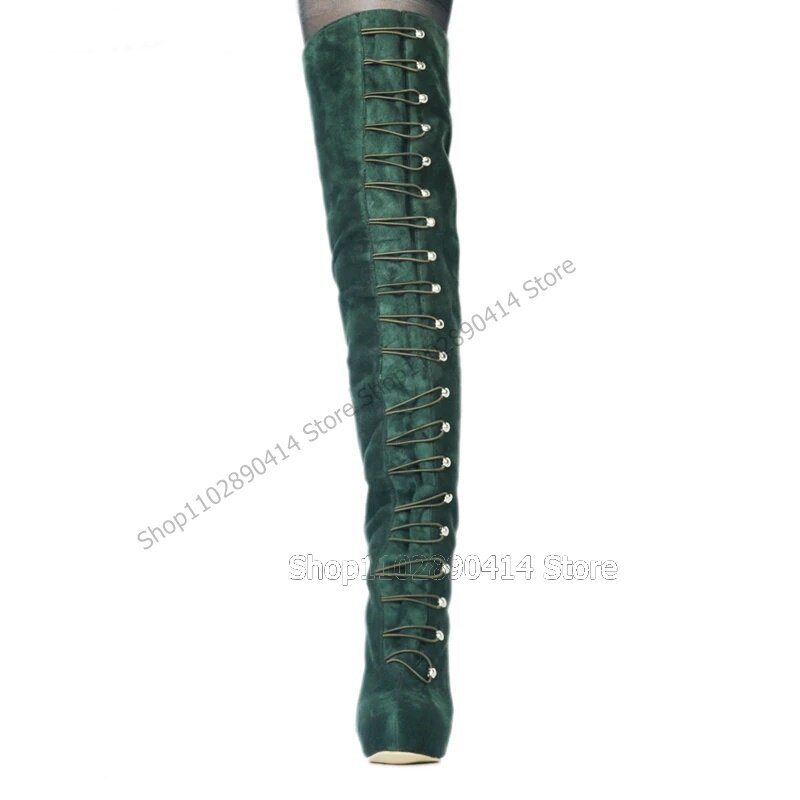Botas de veludo verde de corda redonda para mulheres, salto alto fino, sapato de slip-on, moda nova, festa, 2023