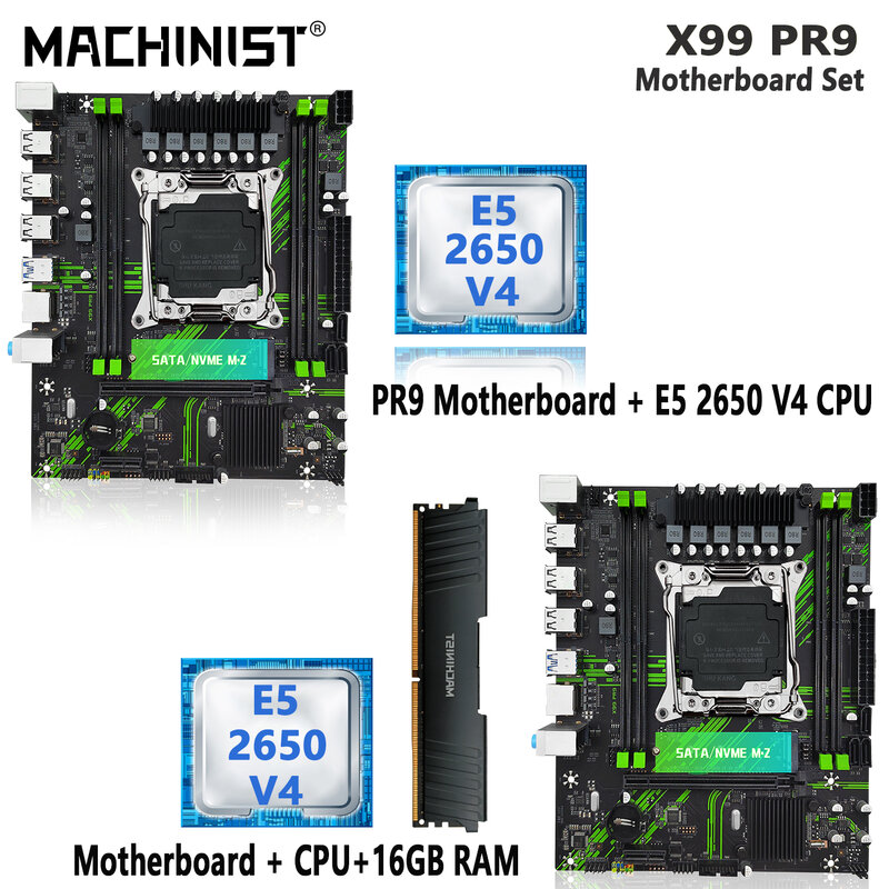 MACHINIST Set Motherboard PR9 X99, prosesor CPU LGA 2011-3 Kit Xeon E5 2650 V4 dengan 16GB DDR4 ECC RAM memori SSD NVME M.2