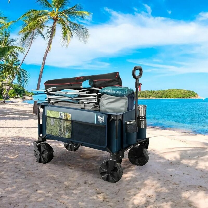 Carrito plegable de servicio pesado, carrito de playa con ruedas grandes para todo terreno, acampada, jardín, con portavasos y bolsa lateral, envío gratis