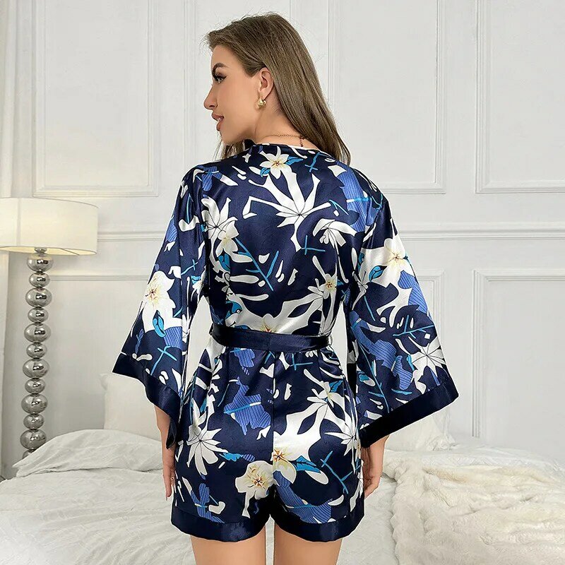 Spring Summer Satin Shorts Pijamas Suit Print Flower Women Jumpsuit Pajamas Sleepwear Loose Casual Home Clothes Lounge Wear