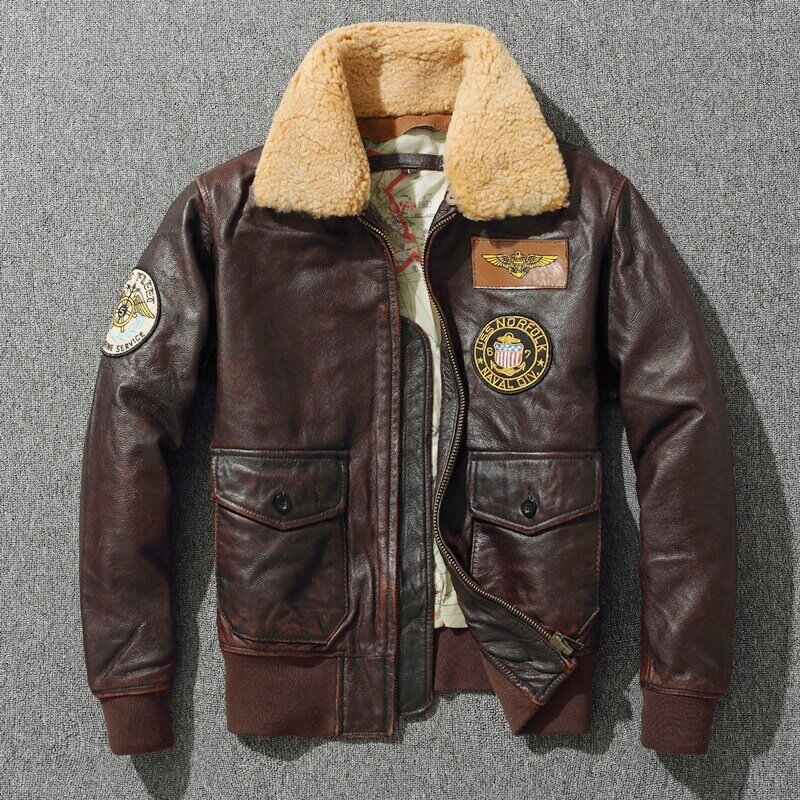 Jaket Kulit Pilot Tebal Pria G1 Mantel Longgar Cokelat Antik Kerah Wol Jaket Bomber Militer Klasik 100% Kulit Sapi Alami