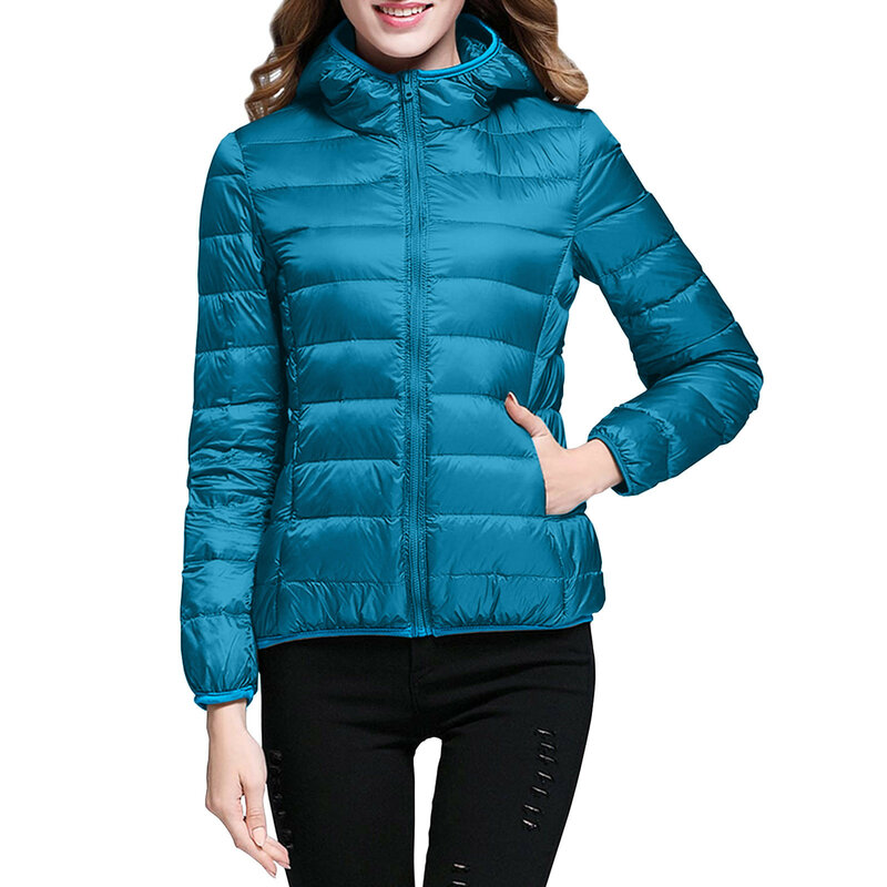 女性用ポケット付き防風ジャケット、暖かい軽量コート、薄いショートコート、白いダックアウター、冬