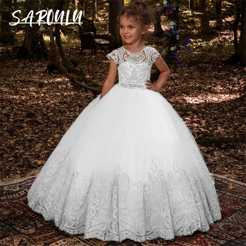 Luxury Champagne Lace Ballgown Flower Girls Dress For Wedding Party Children Formal Prom Gown Sleeveless Princess Party Dresses