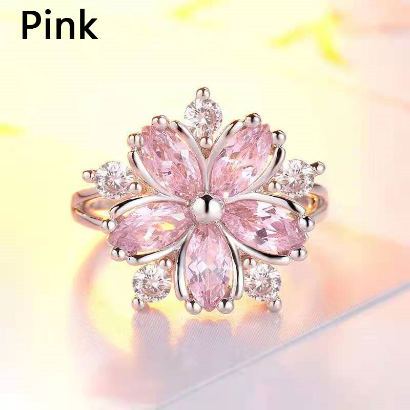 Sakura แหวนเจ้าหญิงสีชมพูเงินคริสตัลหินแหวน Charm สำหรับผู้หญิง Dainty เจ้าสาวดอกไม้ Zircon แหวนหมั้นแหวนแฟชั่น