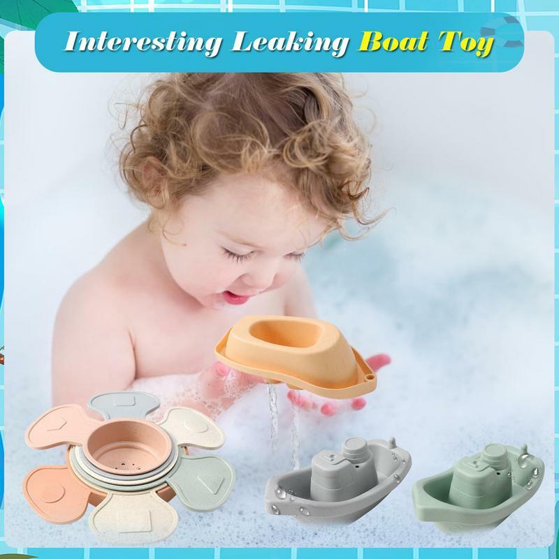 Mainan mandi bayi dengan sendok mandi mainan perahu susun warna-warni mainan edukasi dini kecerdasan bayi untuk anak-anak berusia 1-3 tahun