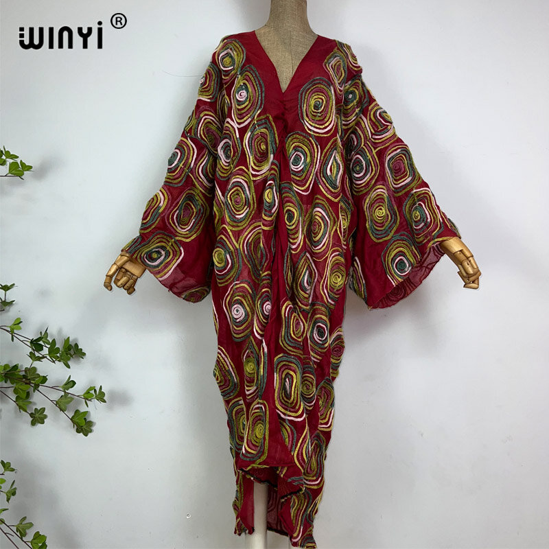 Winyi-ヴィンテージフローラル刺embroideryカフタンマキシドレス、中級eastパーティードレス、女性のためのボヘミアンビーチサンドレス、夏