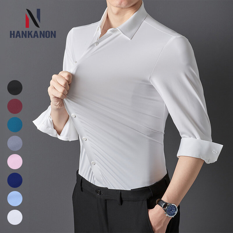 Camisa de seda ultra-estiramento masculina, camisa formal de manga longa, roupa social e casual, alta qualidade, premium