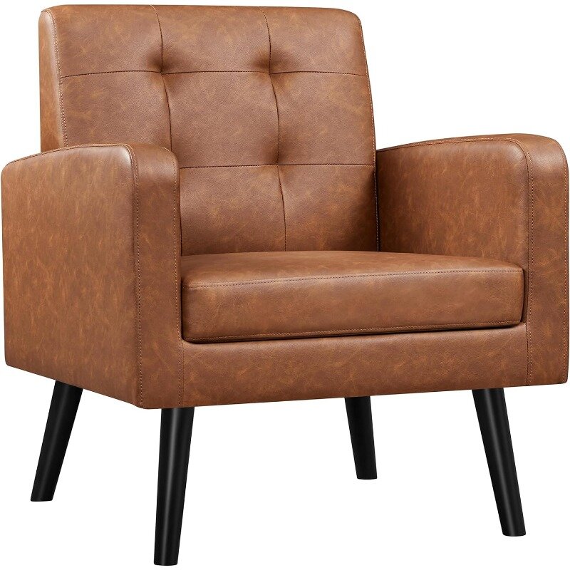 Couro do plutônio Cozy Accent Cadeiras, cadeira estofada moderna, poltrona aconchegante, botão adornado para trás e madeira pernas, meados do século