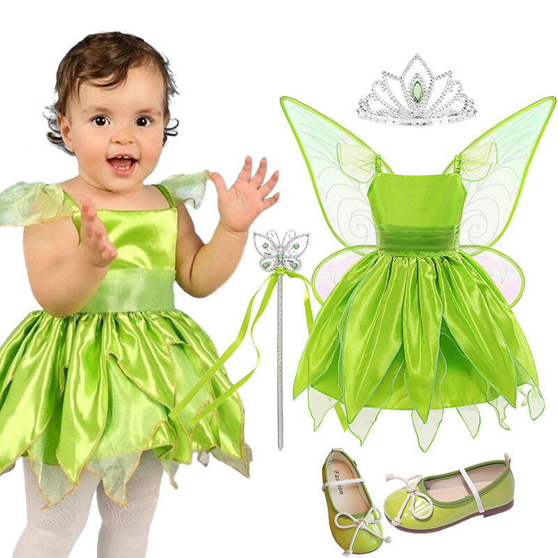 Gaun Festival pesta Tinker bell, kostum putri peri untuk anak perempuan satu potong pakaian natal anak-anak sepatu sayap hijau