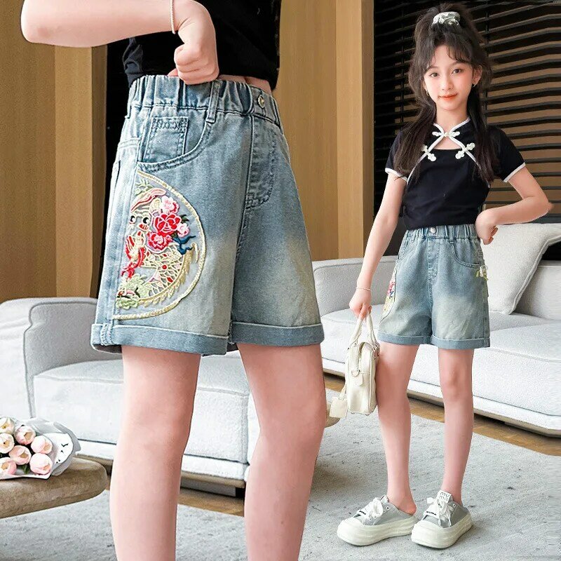 Shorts jeans de cintura elástica para meninas, calções jeans de perna larga solta, adolescentes, roupas infantis, verão, novo, versão coreana, 6 anos, 8 anos, 10 anos, 12 anos, 14 anos
