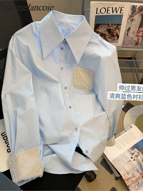 Camisas de empalme azules para mujer, blusas informales holgadas de algodón, camisa de manga larga con botones de gran tamaño a la moda, primavera y verano, 2024