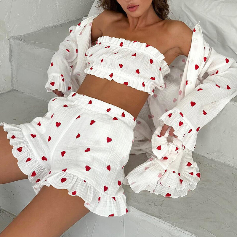 NHKDSASA Printing Women'S Nightie Set Sexy Tank Tops Pajama Long Sleeve Turn-Down Collar Sleepwear Shorts Pyjamas 3 Piece Suit