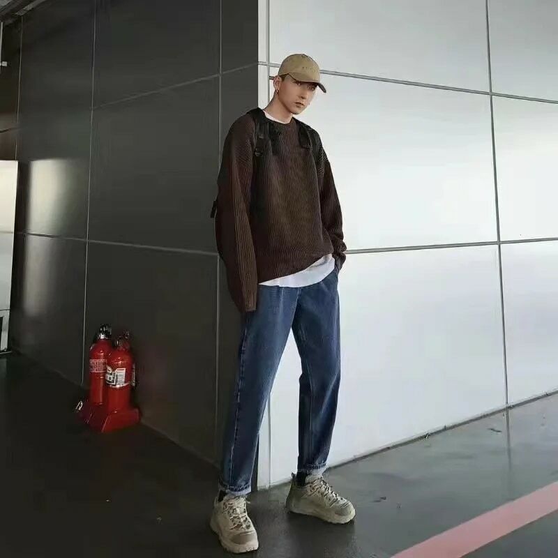 Sweater pullover pria, Sweater wol gaya Korea warna Solid, Slim Fit, pakaian jalan, Sweater rajut musim gugur