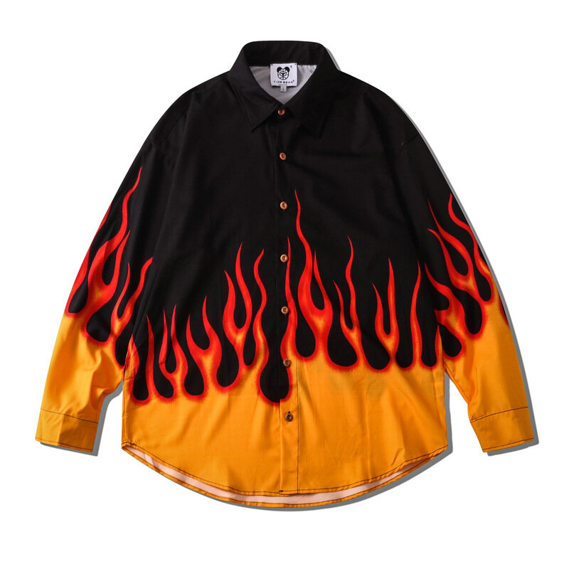 Herfst Nieuwe Herenmode Met Vlamprint Shirts Koreaanse Stijl Met Lange Mouwen En Losse Oversized Shirt Voor Man Casual Paar Chemise Homme