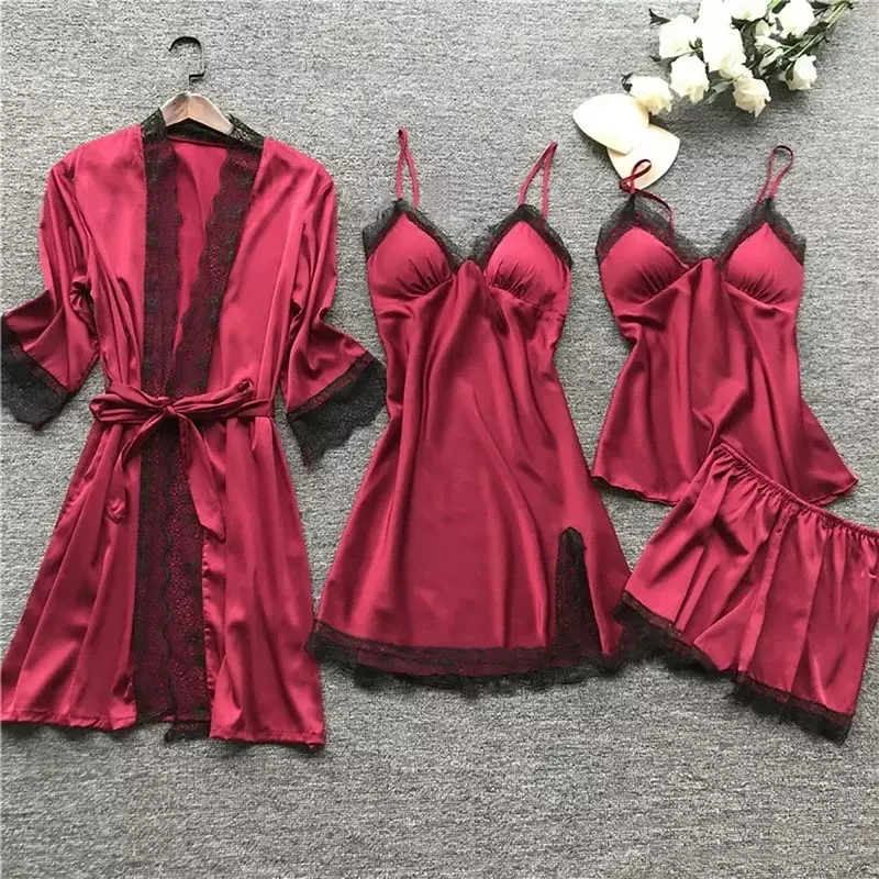 2024 New Women Pajamas Sets Satin Sleepwear Silk 4 Pieces Nightwear Pyjama Strap Lace Sleep Lounge Pajama with Chest Pads Drop