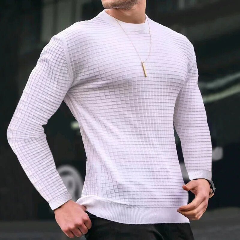 Men T-shirt Pullover Top Long Sleeves Round Neck Solid Color Soft Pullover Warm Casual Mid Length Men Autumn Sweater Top Male