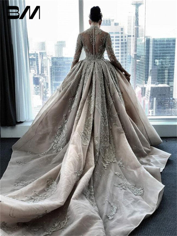 Vestido de noiva árabe com corte ilusório para mulheres, vestido de noiva de gola alta com trem destacável, vestido de noiva de duas peças, 2024
