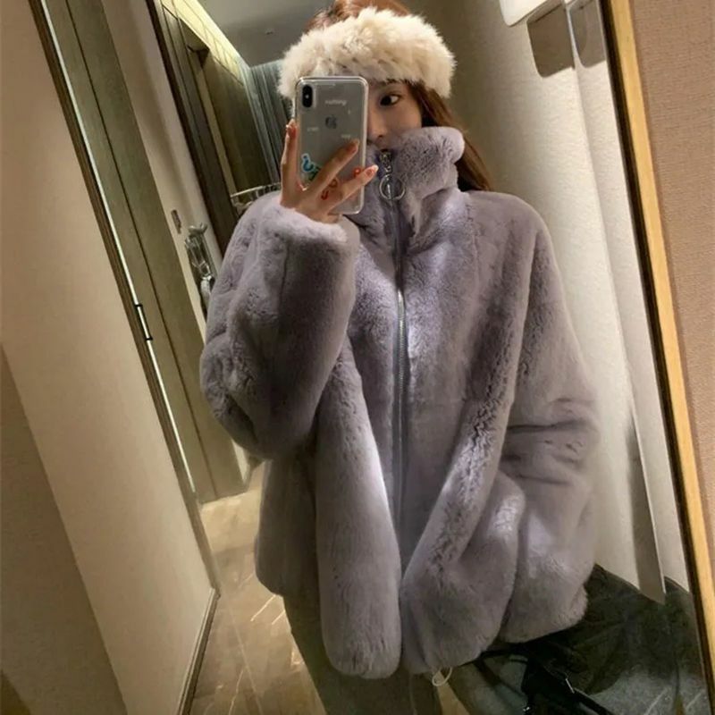 2023 Autumn and Winter New Imitation Lazy Rabbit Plush Fur Coat for Women's Youth Fashion Loose Fur Standing Collar Women's Coat