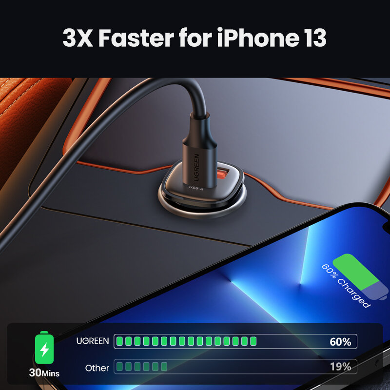 UGREEN-cargador de coche USB tipo C de 30W, dispositivo de carga rápida PD QC 4,0, 3,0, para iPhone 13, 12 Pro Max, Samsung