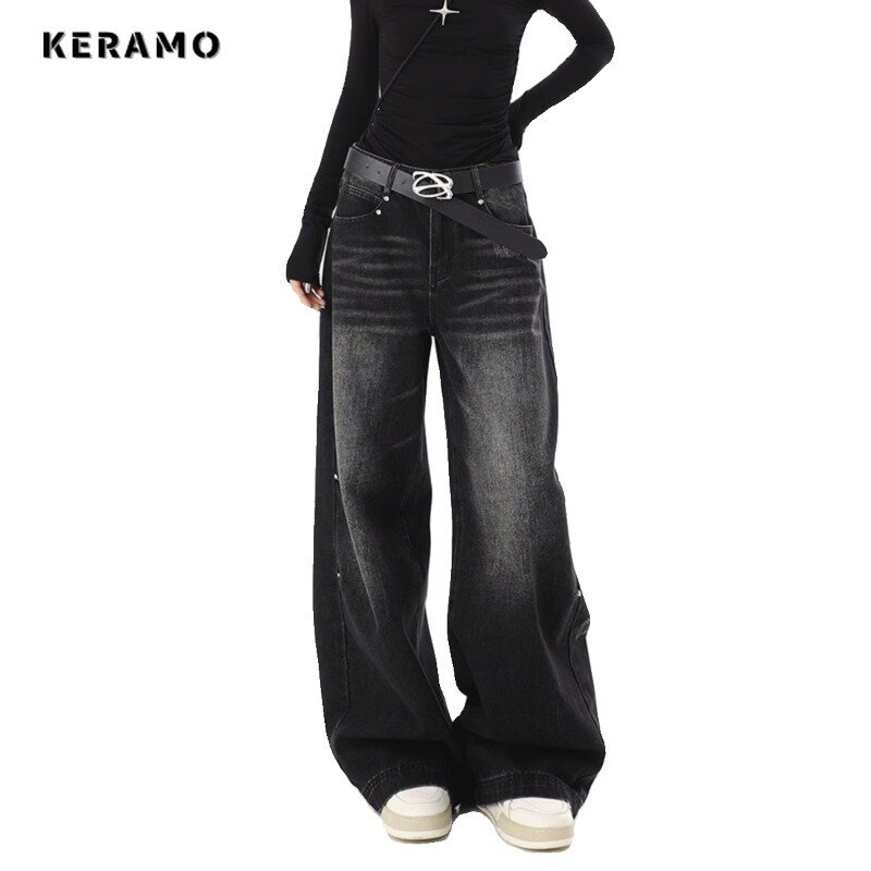 Women's Retro Wide Leg Baggy Casual Denim Trouser Harajuku Black Washed High Waist Jeans 2024 Summer Japanese Loose 2000s Pants