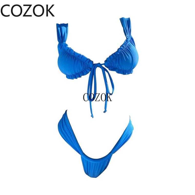 COZOK Women Swimsuit Sexy Bikini Two Piece Lace Up Pleated High Waist Holiday Bikinis Set Beachwear For Women Bikinis Set