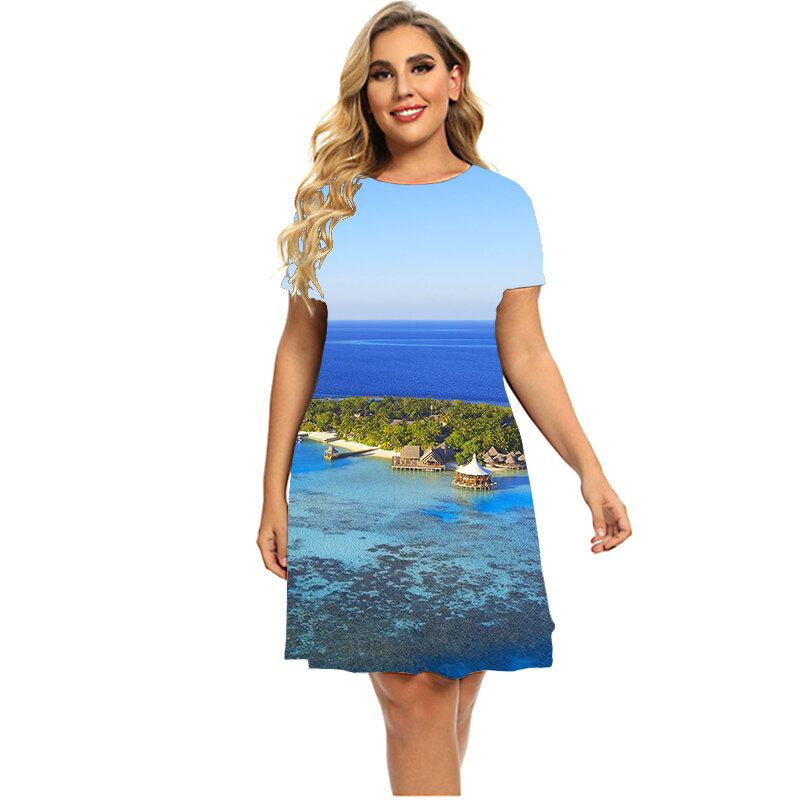 Cenário de maldivas vestidos para 2023 verão moda manga curta casual praia férias vestido solto plus size roupas femininas 6xl