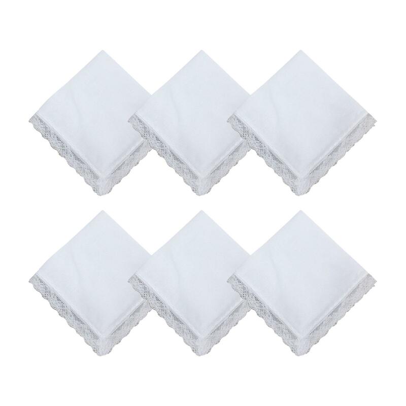 6x Pure Cotton White Handkerchiefs Gift DIY Craft Needs with Lace Trim Hanky
