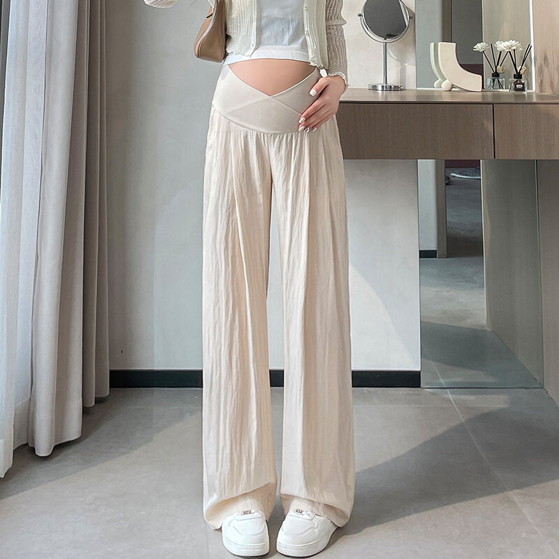 Celana panjang ibu hamil, celana gaya slouchy untuk musim panas ibu hamil kaki lebar longgar lurus lintas V