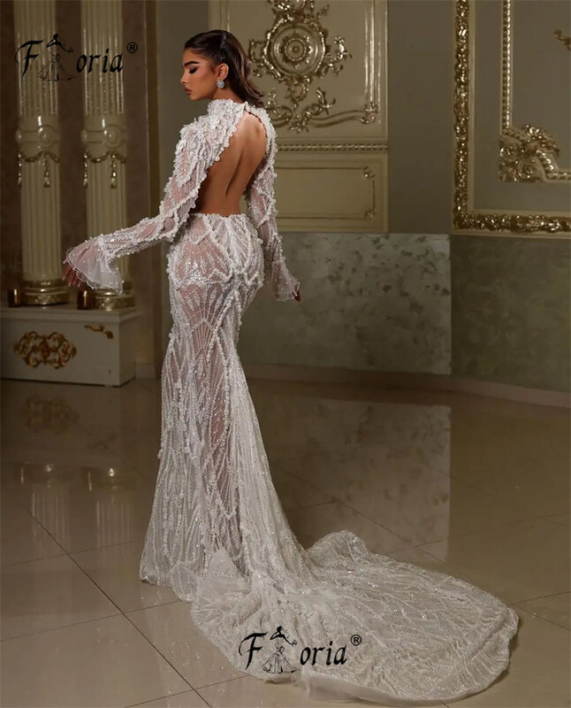 Elegant Ivory Pearls Lace Evening Dress Long Sleeves Open Back Couture Wedding Party Gown Beach vestidos elegantes feminino